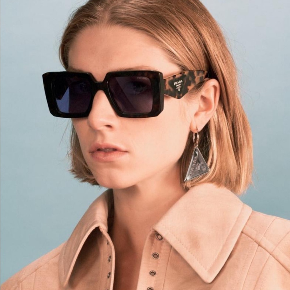 NEW PRADA Tortoise Violet Square Mirror Lenses Logo Arms Square Frame with Box
